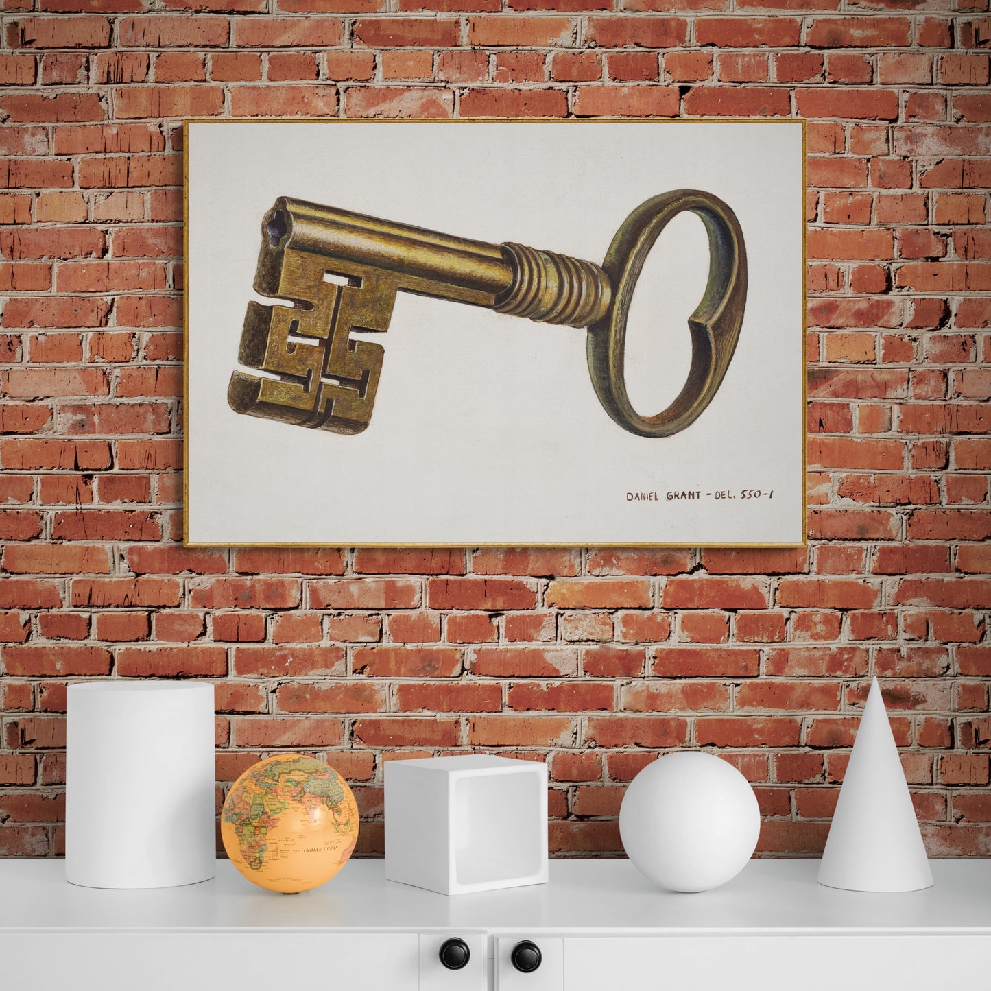 Vintage Illustration Brass Key by D. J. Grant