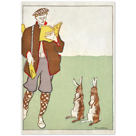 Man Reading A Book With Hares by Edward Penfield